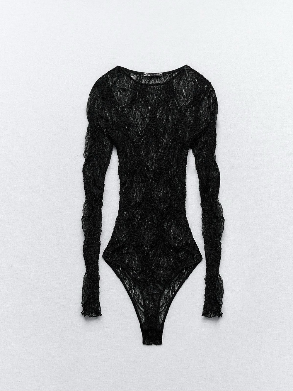 Zara Black Lace Long-Sleeve Bodysuit - Women Tops